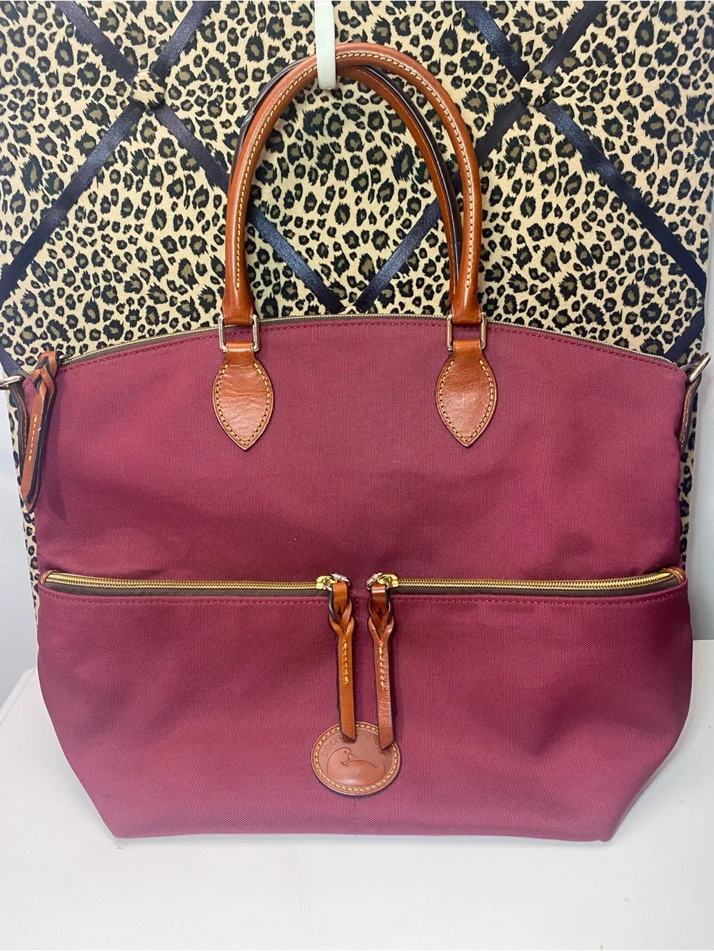 Dooney & Bourke Burgundy Nylon Satchel with Cognac Brown Leather Trim Duck Logo